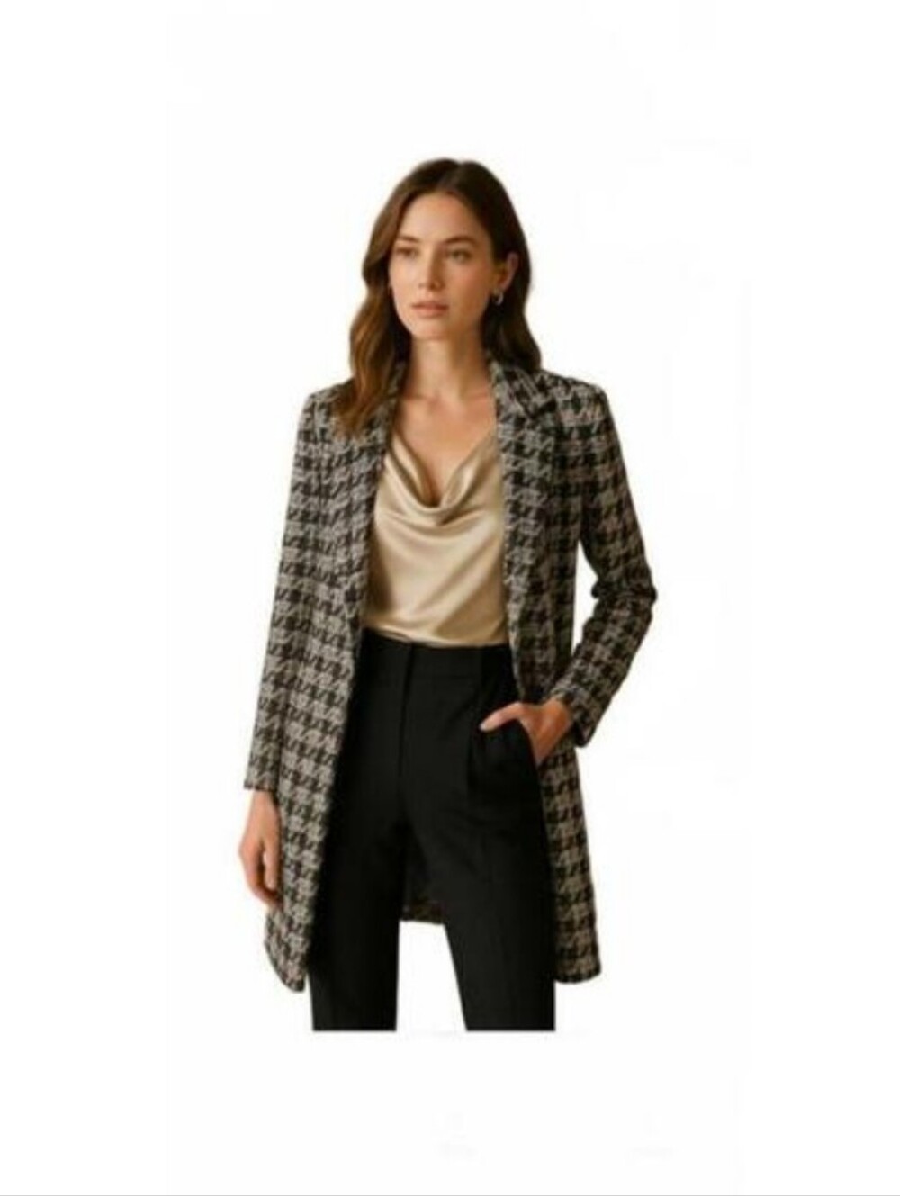 Melloday Houndstooth Women's Open Front Trench Coat in Black and White